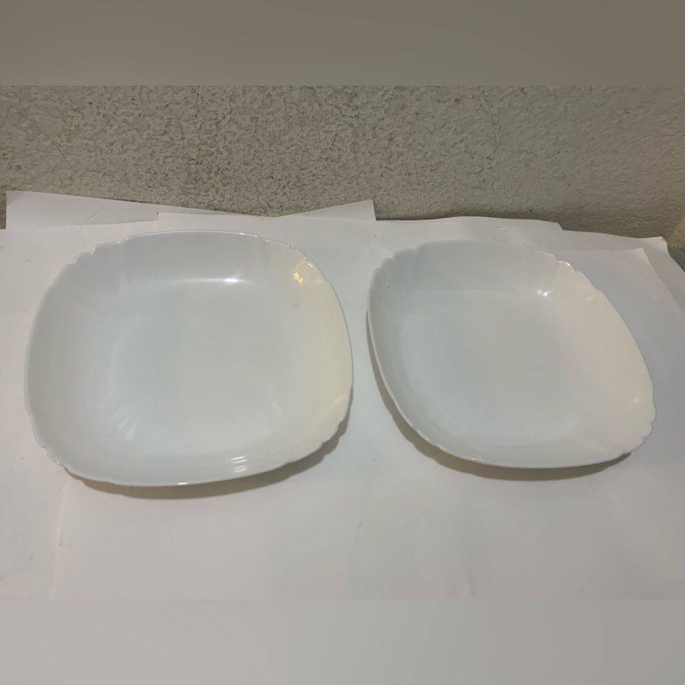 Arcopal France rimmed square bowls 8” Milk White Glass Vintage Set of 2 MINT